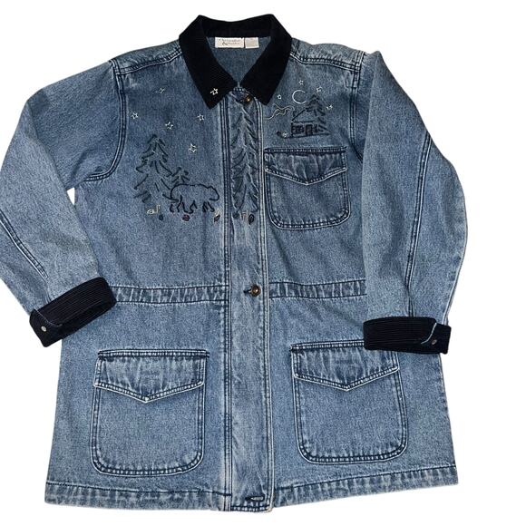 Christopher & Banks Denim and Corduroy  rustic holiday embroidered coat sz Med - Picture 4 of 9